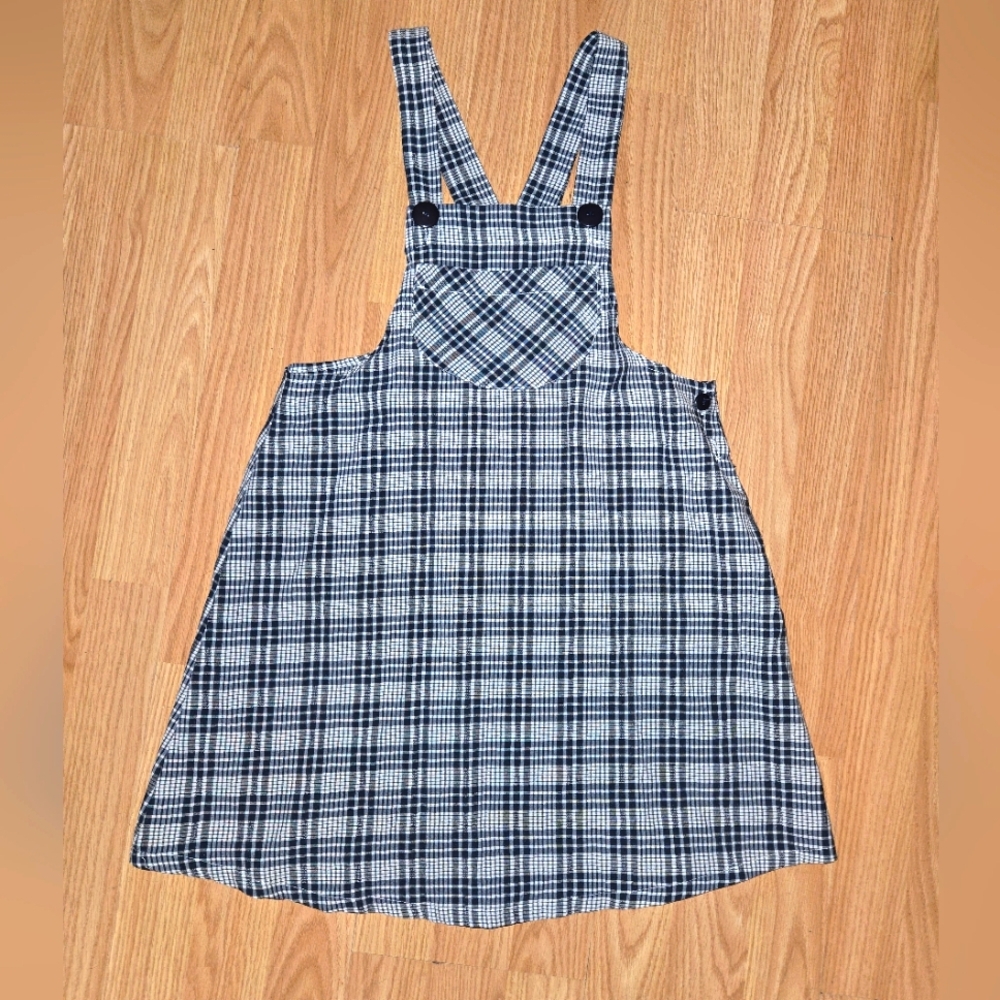 90s Y2K Navy & White Plaid Overall Jumper Mini Dress Size Small